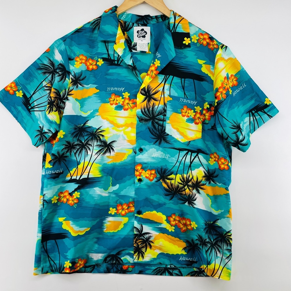 Vtg Hilo Hattie Hawaiian Shirt Men  XL Teal Button Palm Trees Sunset Floral 80s
